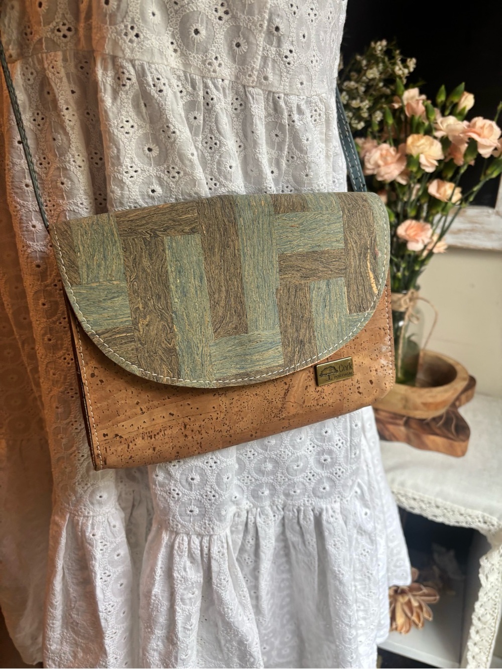 Cork Crossbody Bag with Green Mosaic Flap - Eco-Friendly Style Made in Portugal